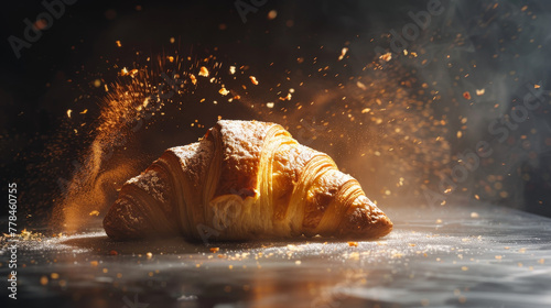 Croissant basking in the sunlight, surrounded by flying flour.