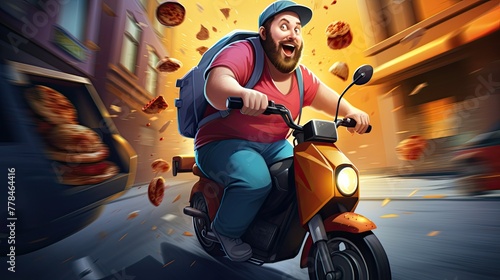 pizza delivery man racing down a speedy road on a scooter, delivering hot and delicious pizzas to customers with urgency, Illustration, digital art