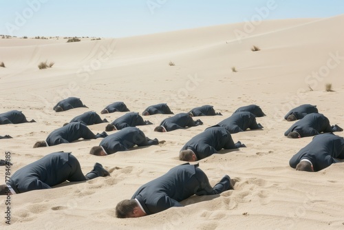 A group of businessmen with heads buried in desert sand, a metaphor for ignorance or denial. Group of Businessmen Buried in Desert Sand