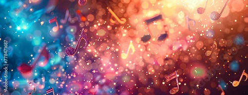 A group of musical notes floating in the air on a colorful background