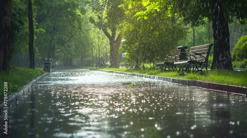 A summer cloudburst flooding a park walkway, with rainwater swiftly draining into the gutters.
