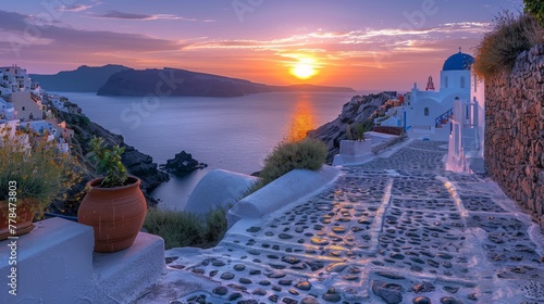 Sunset Over Santorini Iconic White Buildings and Blue Domes.