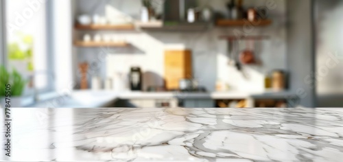 White marble tabletop in modern kitchen as a showcase display platform for goods and products