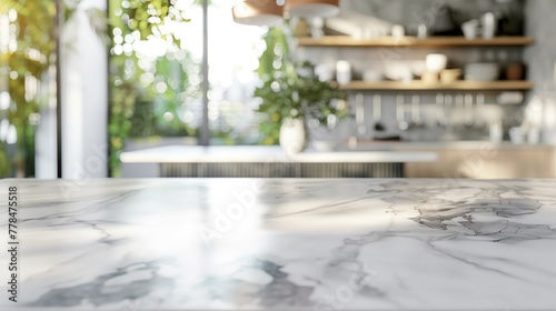 White marble tabletop in modern kitchen as a showcase display platform for goods and products
