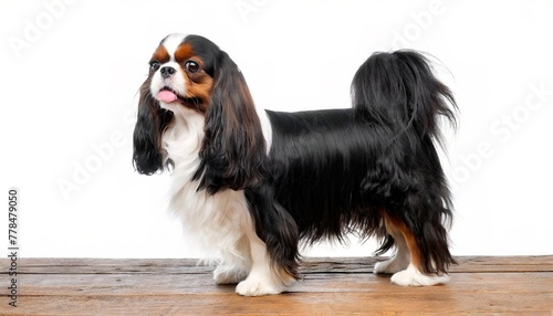 King Charles Cavalier spaniel - Canis lupus familiaris - a small breed of domestic animal isolated on white background standing with characteristic dome shape head and bulging eyes