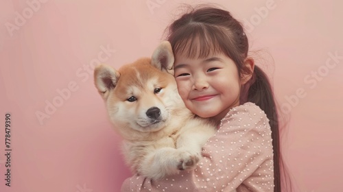 Little girl hugging your little akita inu dog on pastel pink background