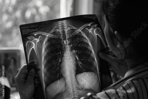 Woman doctor hands holding patient chest x-ray film before treatment.Image lung at radiology department in hospital.Covid-19 scan body xray test detection for covid virus epidemic spread concept.