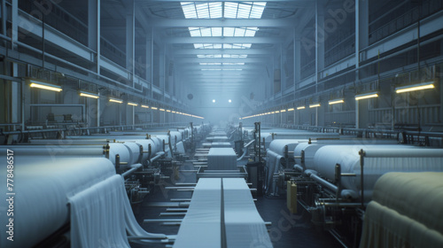 A textile mill with rows of weaving machines, momentarily silent, yet poised to create fabrics