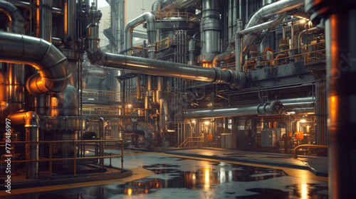 A chemical refinery with intricate piping systems, temporarily inactive but capable of producing various compounds
