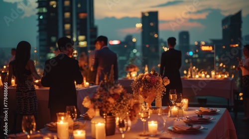 A romantic outdoor roof top dining setting as the sun sets, with guests enjoying the ambiance of warm candlelight and city views. Birthday, corporate party celebration.