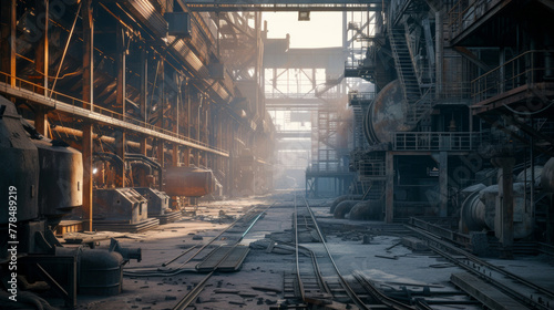 A steel mill with towering blast furnaces and rolling mills, temporarily dormant but capable of producing steel for various industries