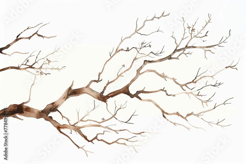Minimalist watercolor illustration of dry brown tree branch on white background