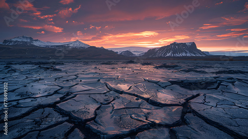 Iceland, sunset, cracked black lava floor with snowcapped mountains in the background