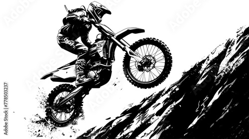 A motocross rider performs a wheelie on a steep mountain slope, portrayed in a dynamic black and white illustration highlighting the thrill of extreme sports.