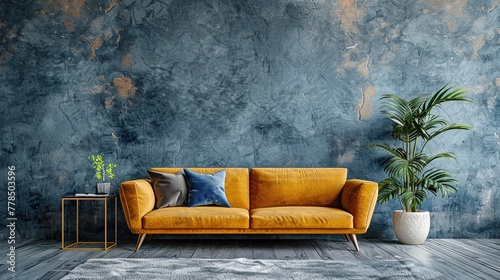 Retro style in living room interior with orange ofa and grey empty wall. 3d rendering.