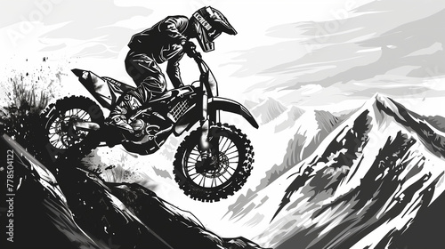 A motocross rider performs a wheelie on a steep mountain slope, portrayed in a dynamic black and white illustration highlighting the thrill of extreme sports.