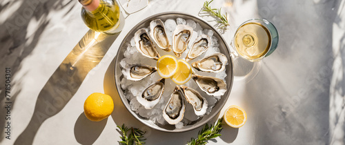 A high angle, wide landscape center justified photo of beautifully prepared raw oysters on the half shell, served on ice with white wine and Lemons on a carrara marble table surface - natural lighting
