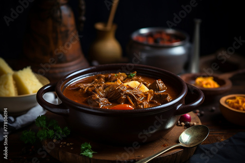 Bowl filled with hearty beef Hungarian goulash stew sits atop a rustic wooden table. Rich aroma of stew wafts through the air, inviting anyone nearby to indulge in its savory flavors