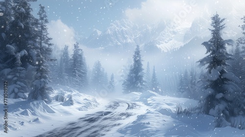 Heavy snowfall on a mountain pass, with snowdrifts obscuring the path and pine trees.