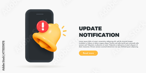 3D Phone with Bell notifications and update time. Subscribe to upgrade. New important message. Social media reminder. Update software. Cartoon creative design vector illustration for web page banner
