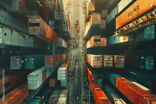Aerial view of stacked cargo containers in a bustling seaport terminal, representing global trade and logistics, digital illustration