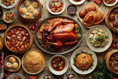 A vibrant, overhead shot of a feast with Peking duck at the center, surrounded by baskets of dim sum and a large serving of fried rice, set on a richly decorated traditional Chinese tablecloth.