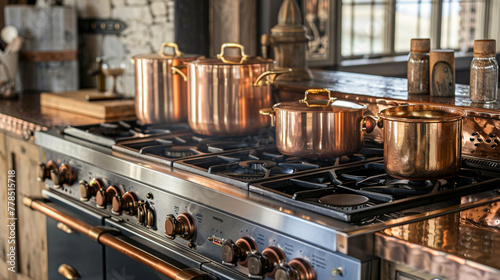 A rustic farmhouse kitchen featuring antique copper cookware alongside state-of-the-art induction cooktops