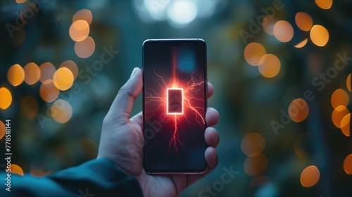Smartphone with charging battery on a background of bokeh lights