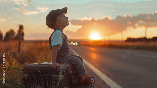 little boy sits on a suitcase by the road at sunset and waits for a car, dreaming of a trip.