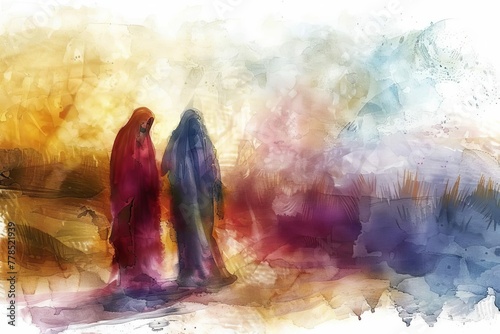 Jesus meets his sorrowful Mother on the way to Calvary, emotional religious scene, digital watercolor painting