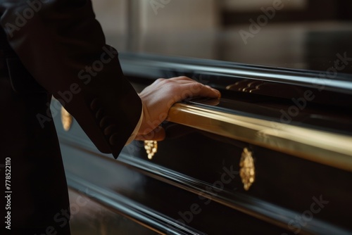 Man hand holding coffin at a sad, death. Support, loss and dead burial of a male at a religion.