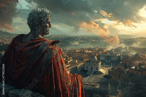 Majestic Quirinus, the deified Romulus, watches over the city of Rome from his celestial throne, guiding its destiny with divine providence. Generative Ai.