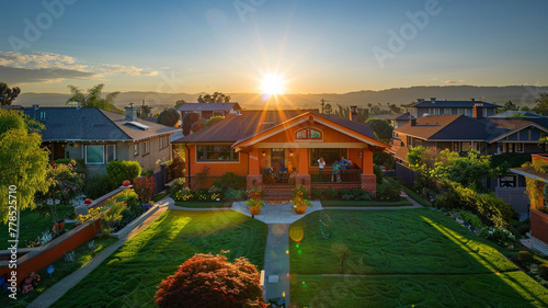 The sun at its zenith over a bright orange Craftsman style house, the suburban area buzzing with life, lawns lush and families active, clear and vibrant