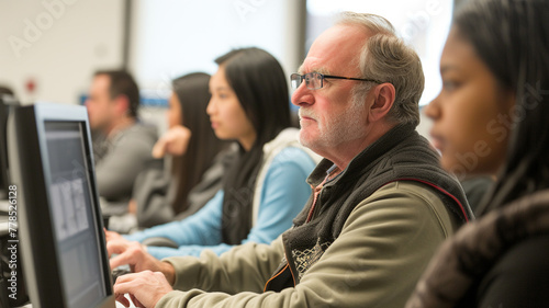 A linguistics lecture in a language lab equipped with translation technology, students seated at computer stations, exploring language nuances with a linguistics professor.