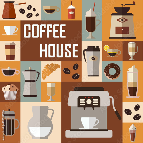Poster with coffee drinks and equipment in flat style. Coffee house elements. Pastry and bakery vector illustration. Retro design