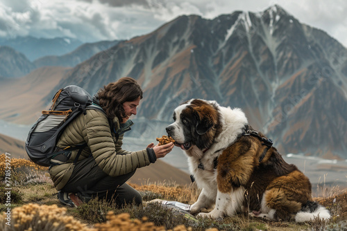 A St. Bernard in the mountains, sharing a heartwarming moment with a hiker, both enjoying dog-safe trail mix, with the breathtaking landscape stretching out behind them.