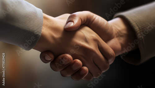 Two men in casual outfits shaking hands on blurred dark brown background. Boss or employer hiring a future worker or employee. People making peace handshake or reaching an agreement.