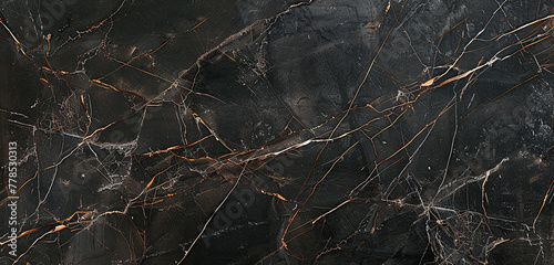 A luxurious black marble canvas, where thin veins of metallic bronze and copper crisscross, adding an industrial yet refined aesthetic to the classic stone. 32k, full ultra HD, high resolution