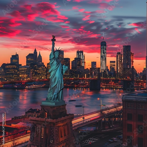 The Statue of Liberty and New York city skyline at sunset, mesmerizing sunset evening views of city, New York - Generative AI