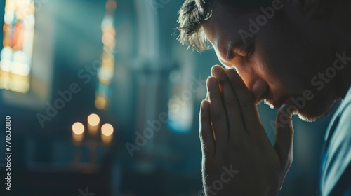 Christian catholic man prey in church wallpaper background