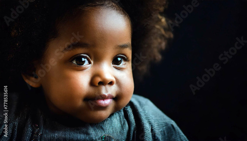 Portrait of a cute African American baby girl with dark background for copy space. Generative AI.