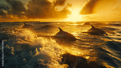 Delphine schwimmen und im Meer, Blick vom Boot im Abendrot
