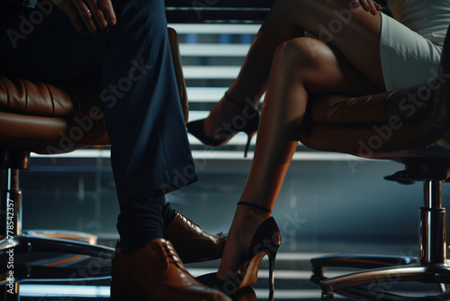 Cropped shot of a woman flirtatiously touching leg of man in a suit with her foot under the table