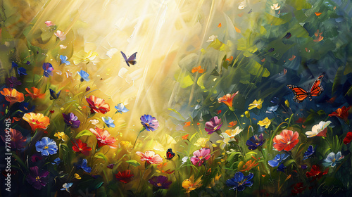 Beautiful colorful spring flowers, morning glory and butterflies in the field. Impressionist style oil painting illustration with bright colors and sun rays 
