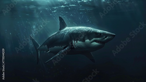 A majestic great white shark, gliding silently through the depths of the ocean with sleek and deadly grace.