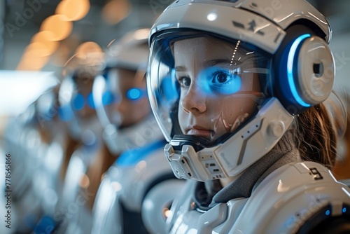 Young female astronaut in advanced space suit helmet