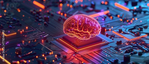 A neon-colored brain glowing atop a microchip within a network of circuits