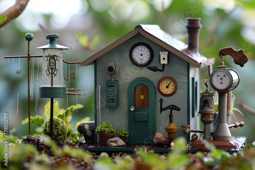 A detailed setup of a homemade weather station with simple instruments like a rain gauge, wind vane, and thermometer, set in a home garden for meteorological observations.