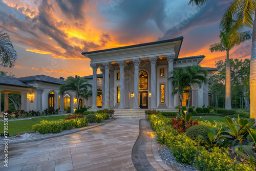 Exquisite exterior of a grand luxury home with lush landscaping, leading to a magnificent front porch, captured at sunset.