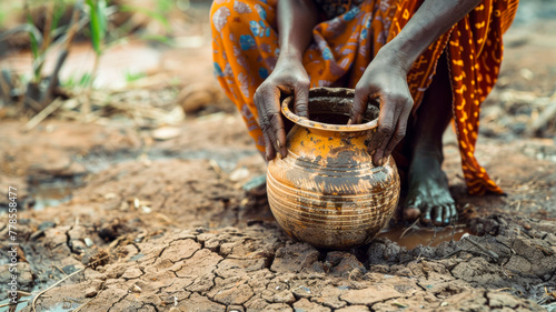 Dry Vessel.Empty Water Pot on Cracked Earth Reflects Water Scarcity Crisis